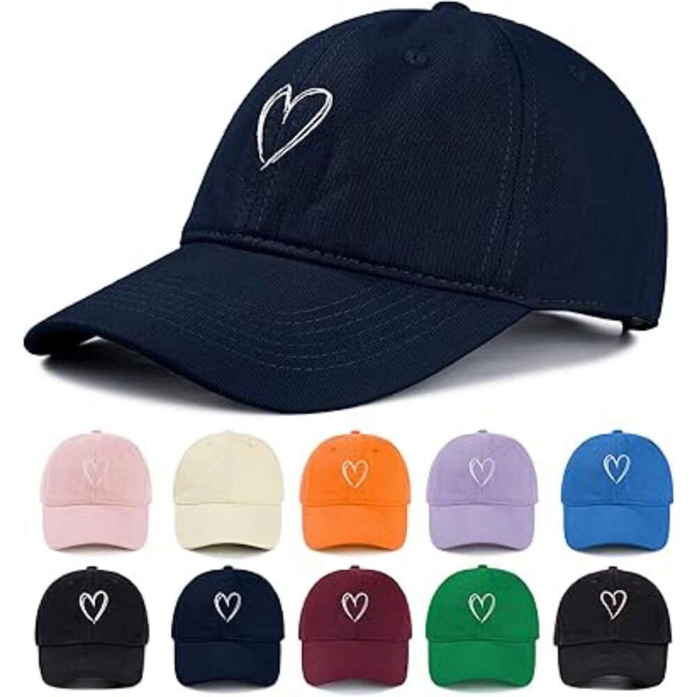 Unisex Navy Blue White Heart 100% Cotton Adjustable Size Classic Baseball Cap